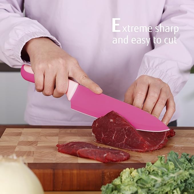 hecef 15 Pieces Kitchen Knife Set with Built-in Sharpening Wooden Block, Dishwasher Safe, High Carbon Stainless Steel Knife Block Set with Steak Knives, Kitchen Scissors, Hot Pink