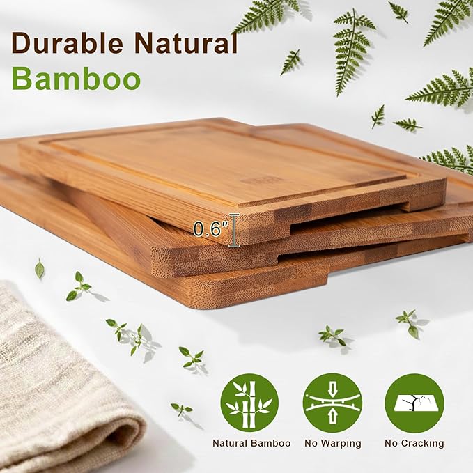 Cutting Board Set with Holder, Space Saving Kitchen Bamboo Chopping Boards, Build in Juice Groove and Grip Handle, Durable Wooden Serving Board for Meal Prep & Charcuterie, Gift Idea