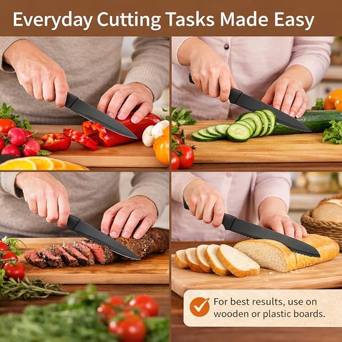 Small Knife Block Set, Modern Kitchen Knife Scissors with Universal Round Holder, Home Apartment New Kitchen Essentials, Space Saving, Dishwasher Safe(Black, 7PCS)