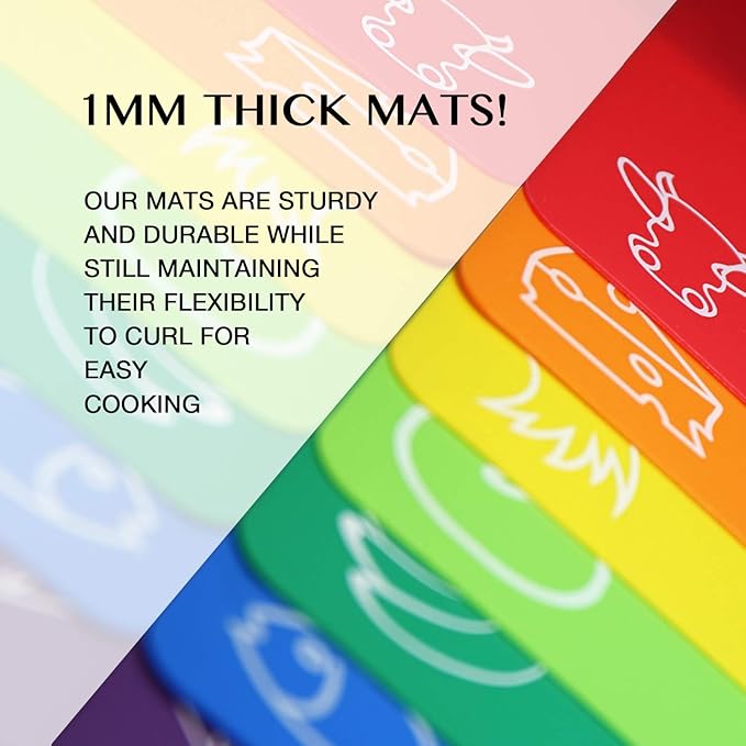 Cutting Board Mats Flexible Plastic Colored Mats with Food Icons, Fotouzy BPA-Free, Non-Porous, Anti-skid back and Dishwasher Safe, Set of 7+1 8 Pieces