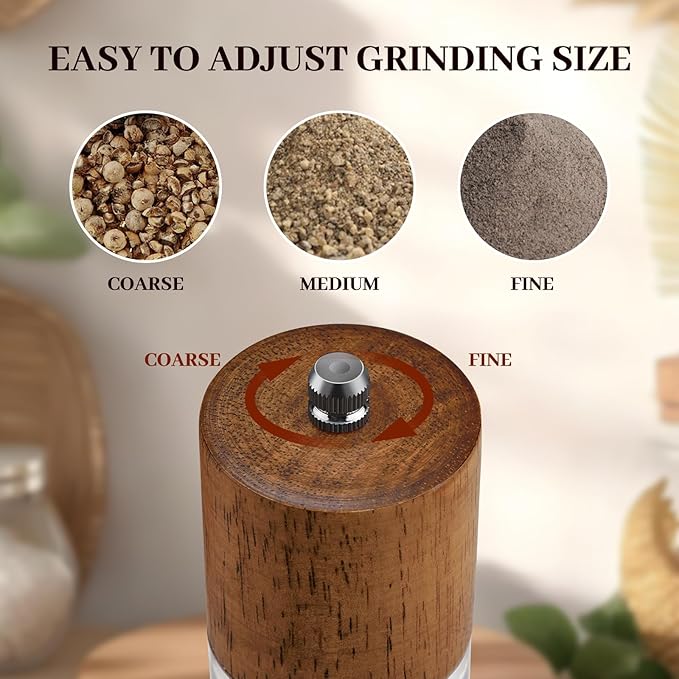 Premium Acrylic Salt and Pepper Shakers, 2Pack Manual Salt and Pepper Grinder Set with Base, Wooden Refillable Pepper Grinder with Adjustable Ceramic Core - 8 Inches