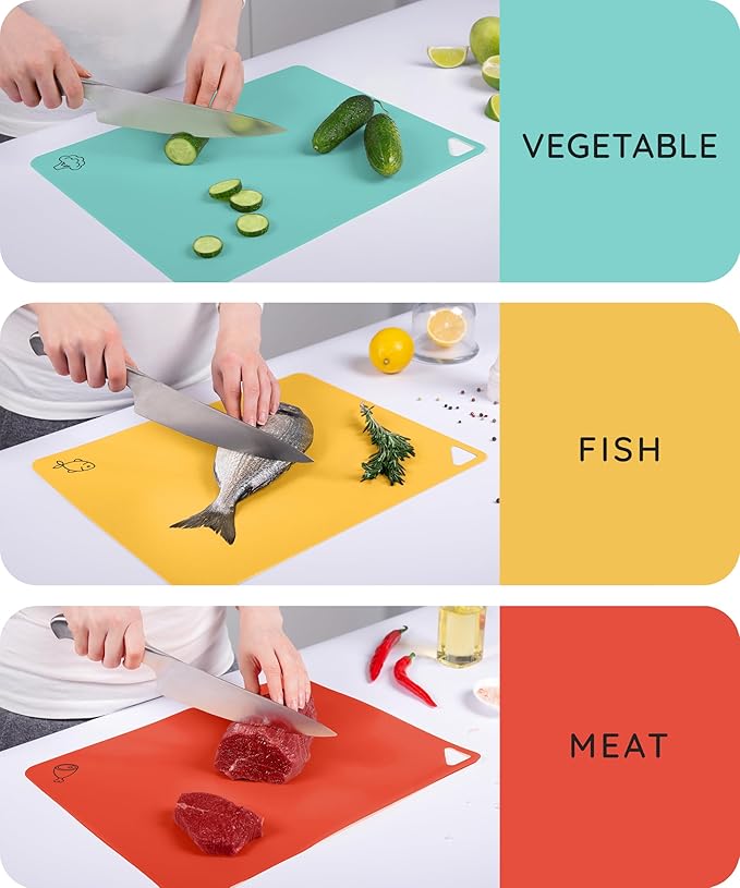 July Home Cutting Board Alternative for Kitchen - Extra Thick Flexible Plastic Cutting Board Set of 3, Non-Slip, BPA-Free, Easy to Clean, Colored Cutting Mats for Cooking, Durable Chopping Sheets