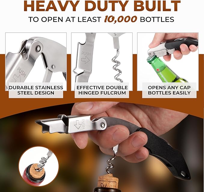 Wine Key - Heavy Duty Waiter Corkscrew, Premium 420 Stainless Steel Compact Wine Opener with Double Hinged, Foil Cutter and Bottle Opener, Gifts for Servers, Sommelier, Bartenders - Black