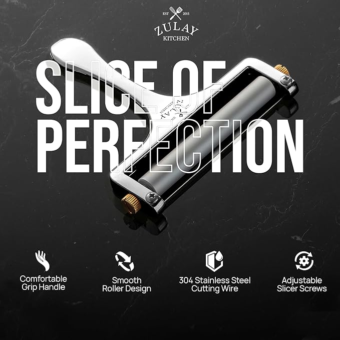 Zulay Kitchen Stainless Steel Wire Cheese Slicer - Adjustable Hand Held Cheese Cutter with 2 Extra Wires - Premium Cheese Shaver for Mozzarella, Cheddar, Gruyere - Cheese Cutter with Wire (Silver)
