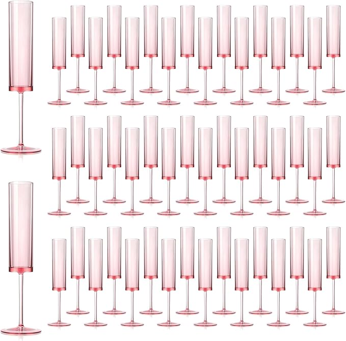 50 PCS Pink Champagne Flutes Plastic 5.4 OZ Clear Acrylic Champagne Flutes Sparkling Wine Glasses Wedding Table Decorations Reusable For Valentines Toasting Engagement Party Supplies