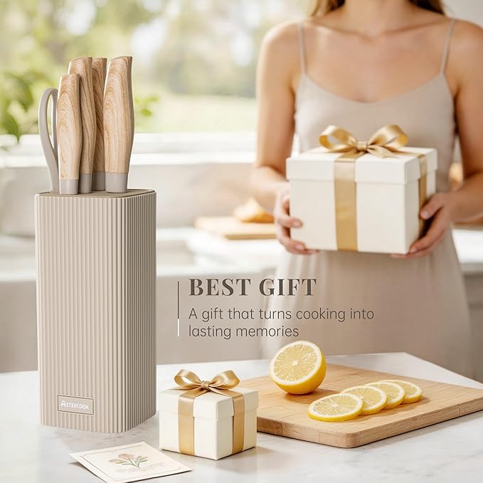Astercook Knife Set, 6-Piece Kitchen Knife Set with Block, High Carbon Stainless Steel Ultra Sharp Kitchen Knives, Wood Grain Handle, Dishwasher Safe Knife Block Set, Khaki