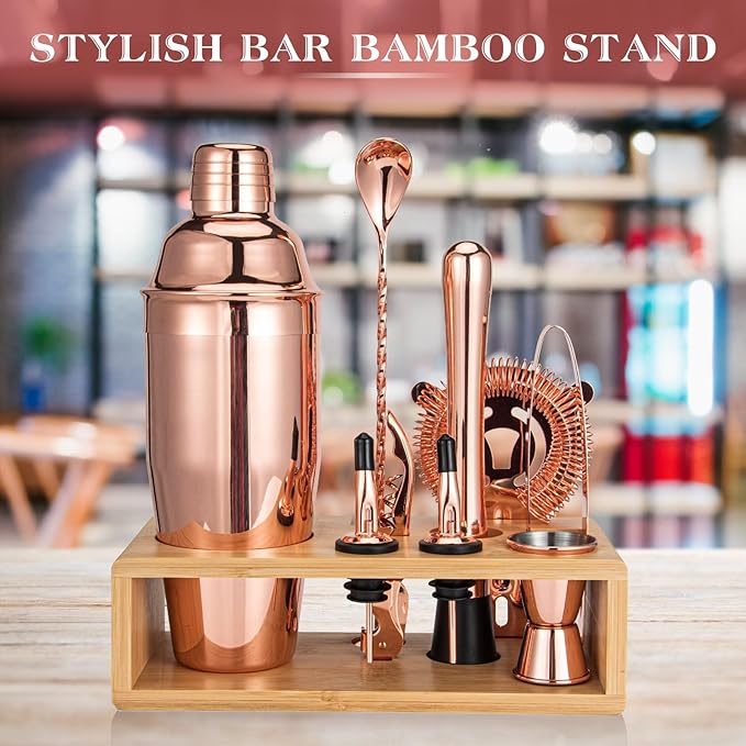 Rose Gold Cocktail Shaker Set, Premium 18/8 Stainless Steel Mixology Bartender Kit with Stylish Bamboo Stand 10-Piece Bar Tools & Accessories for Home Decor - Gift for Women, Mom, Wedding