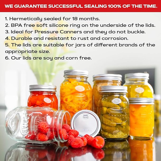 FORJARS - Wide Mouth Canning Lids, 100-Pack – Create Airtight Seals on Mason Jars to Preserve Food for Meal Prep & Emergency Food Storage – 3.4 In. Metal Lids with Silicone Seals – Canning Supplies