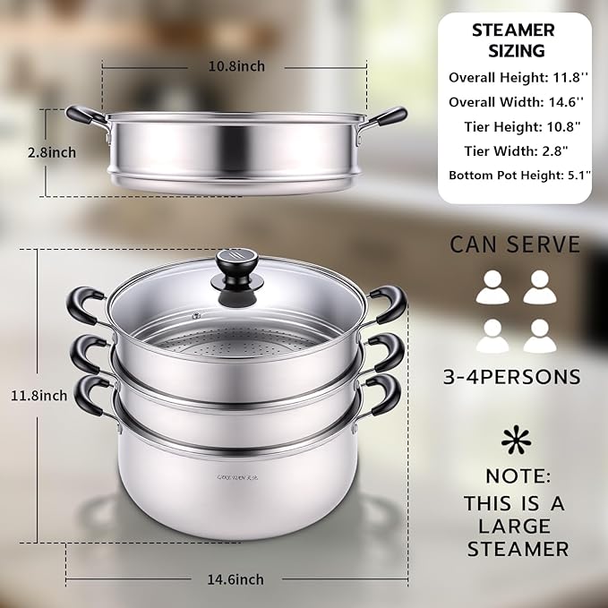 3 Tier Stainless Steel Steamer Pot For Cooking With Stackable Pan Insert, Food/Vegetable Steamer Cooker, Cookware Pot/Saucepan with Glass Lid, Multilayer By Lake Tian (26cm/10in)