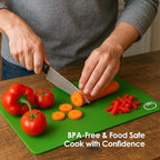 EMMANA - Plastic cutting board for kitchen. Set of 8 – 6 Color-Coded Flexible Plastic Mats with Food Icons + Peeler & Microfiber Towel – BPA-Free, Non-Slip Back, Dishwasher Safe, Durable & Non-Porous