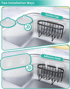 HapiRm Multifunctional Sponge Holder with Unique M-Shaped, 2 Installation Methods Kitchen Sink Caddy Organizer, Rustproof Stainless Steel Sponge Caddy for Brush, Sink Stopper and Scraper -Black