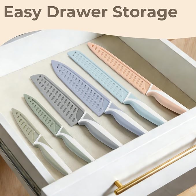 Knife Set, 12 Pieces Kitchen Knives Set with Healthy Non-Stick Coating, Dishwasher Safe Anti-Rust Stainless Steel Knives with 6 Blade Guards, Ergonomic Handles, Ideal Gift Set