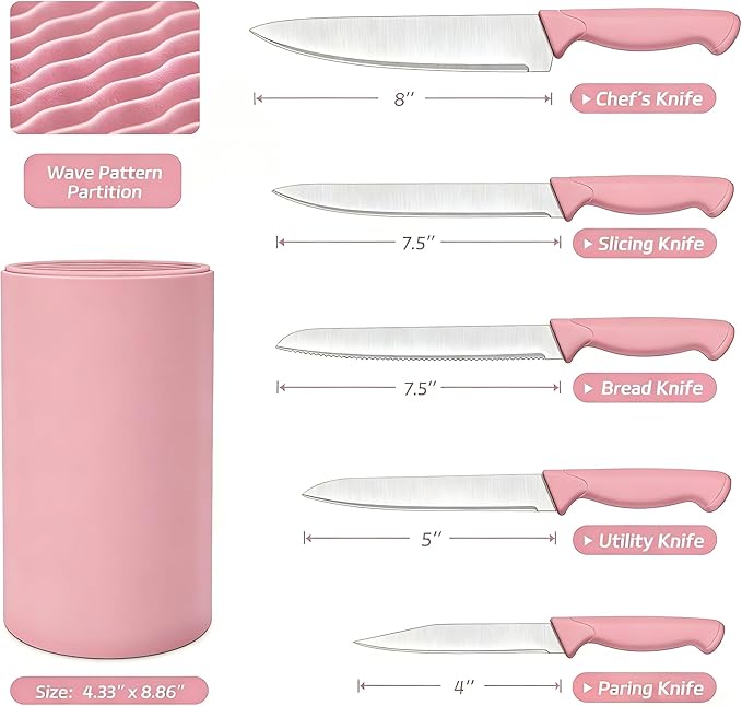 Knife Set, 6-Piece Kitchen Knife Set, German High Carbon Stainless Steel, Durable & Easy Clean Knife Block, Peach Pink