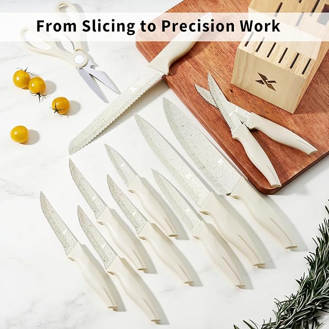 XANAPON Knife Set, Dishwasher Safe Kitchen Knife Set, CreamWhite Ergonomic Handle and Ceramic-Coated Blades, Built-in Sharpener Block, Sturdy German Stainless Steel