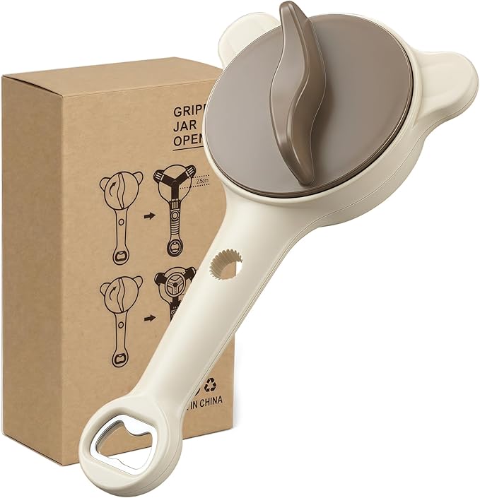 4-in-1 Adjustable Jar Opener for Weak Hands & Seniors — Ergonomic Non-Slip Handle, Multi-Size Lid Remover for Mason Jars, Bottles & Cans (Beige)