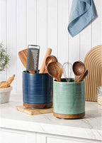 Utensil Holder, 360° Rotating Extra Large Ceramic Kitchen Utensil Holder for Countertop, 7.3“ Cooking Utensil Crocks for Kitchen Counter with Rotatable Wooden Base, Farmhouse Decor, Forest Green