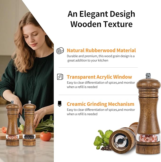 Haomacro Wood Salt and Pepper Grinder Mills Set, Classic Manual Pepper Grinder Salt Grinder Refillable Pepper Mill Sets with Acrylic Visible Window Adjustable Ceramic Grinding Rotor 6.5inch 2 Pack