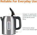 Amazon Basics Electric Kettle, Tea Kettle & Water Boiler with Auto Shut-Off, Boil Dry Protection, Strix Thermostat, BPA-Free, 1500W, 1.1Qt (1L), Stainless Steel, New Model, Black & Silver