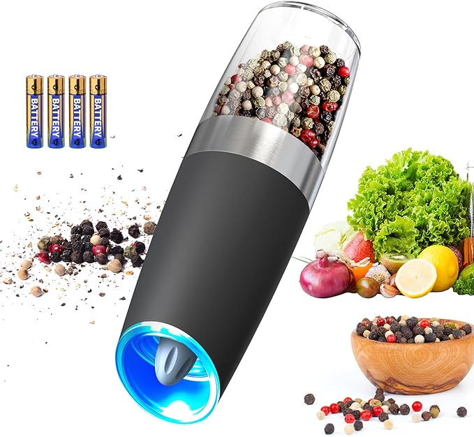 CIRCLE JOY Gravity Electric Pepper Grinder Salt Grinder Pepper Griner Mill Electric with LED Light, Battery Operated, Adjustable Coarseness, Washable 135ml Container, 1 Pcs