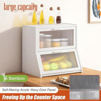 GHWIE Double Layer Bamboo Bread Box for Kitchen Counter,Large Capacity Bread Storage Bin,Bread Container with Acrylic Wavy Door Panel (White, Extra Large)