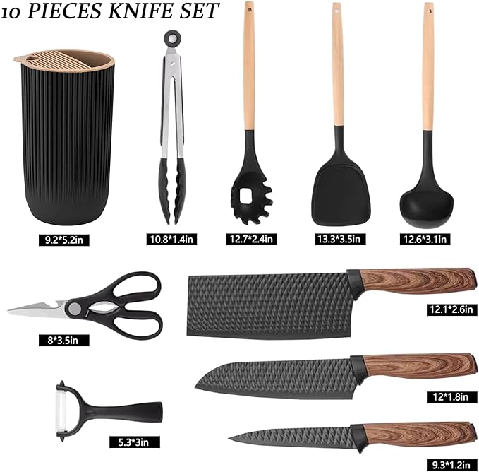 Knife Set, 10 Pieces Professional Kitchen Knife Set with Universal Knife Block, Non-stick Heat Resistan Kitchen Tools and Gadgets with Wooden Handle (Black)