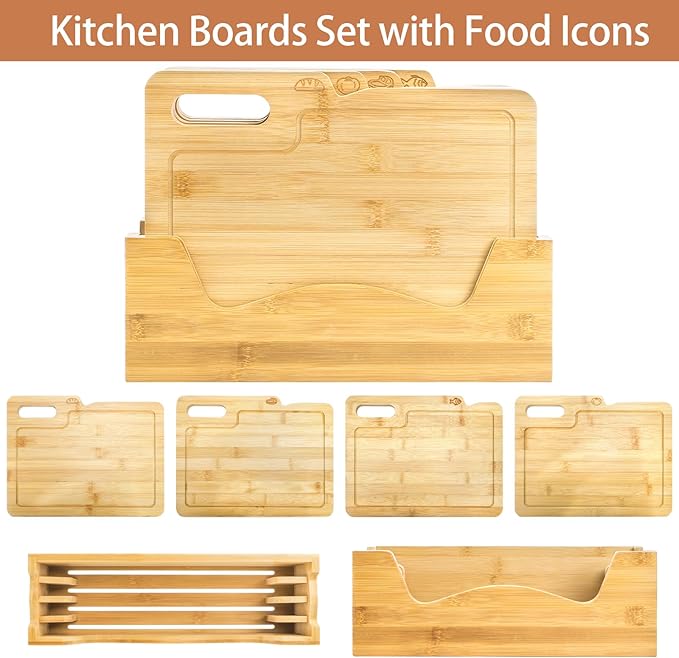 ZENFUN 4 Pack 12.5"L x 9.8"W Bamboo Cutting Boards with Holder, Wood Cutting Board Set, Chopping Boards Set with Food Icons, Kitchen Cutting Board Ideal for Meat, Fish, Bread, Vegetable, Fruit