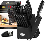 Marco Almond® Kitchen Knife Set with Block and Sharpener MA23, 17 Pieces Knife Block Set Stainless Steel Chef Black Knives Set for Kitchen