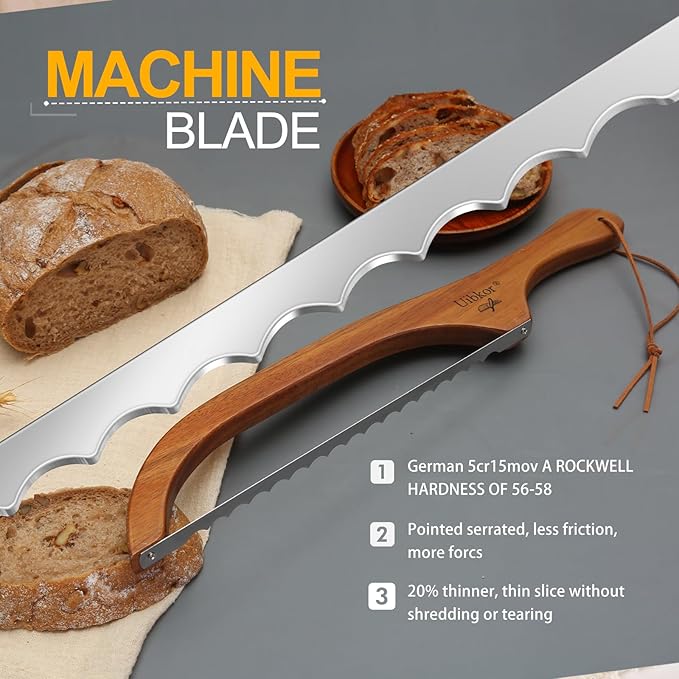 Wooden Bread Bow Knife, 16" Serrated Sourdough Cutter, Premium Stainless Steel Serrated Saw Bread Cutter, Bread Slicer, Bagel Slicer Knife for Homemade Bread, Bagels, Baguettes, Rustic Loaves