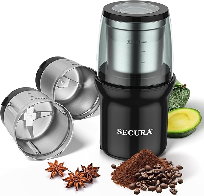 Secura Electric Coffee Grinder, Press Control Spice Grinder for Coffee Bean Seeds Herbs with 2 Stainless Steel Blades Removable Bowls, Black