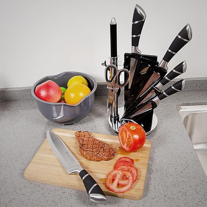 Kitchen Knife Set, 9-Piece Black Kitchen Knife Set with Acrylic Block, Non Stick Sharp High Carbon Stainless Steel Knife Set for Kitchen Cutting Meat Slicing Chopping Kitchen Women Gifts