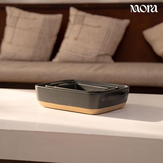 Mora Ceramic Baking Dish with Handles For Casserole, Lasagna, Gratin, Broiling, Roasting, and Baking. Large 9x13 in Pan, Extra Deep - Porcelain Serving Bakeware from Oven to Table. Freezer Safe - Liquorice