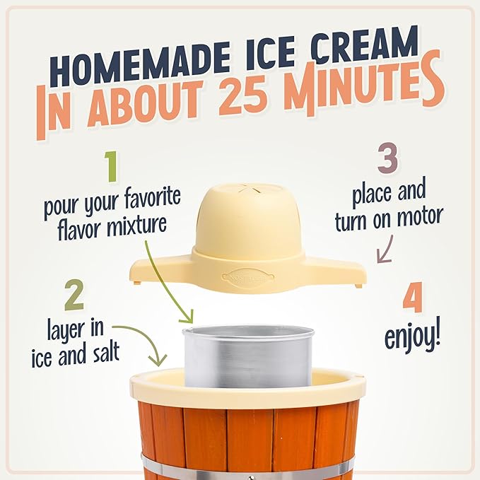 Nostalgia Electric Ice Cream Maker With 4 Qt Capacity- Old Fashioned Ice Cream Machine Makes Frozen Yogurt or Gelato in Minutes- Vintage Wooden Style Ice Cream Maker with Aluminum Canister- Light Wood