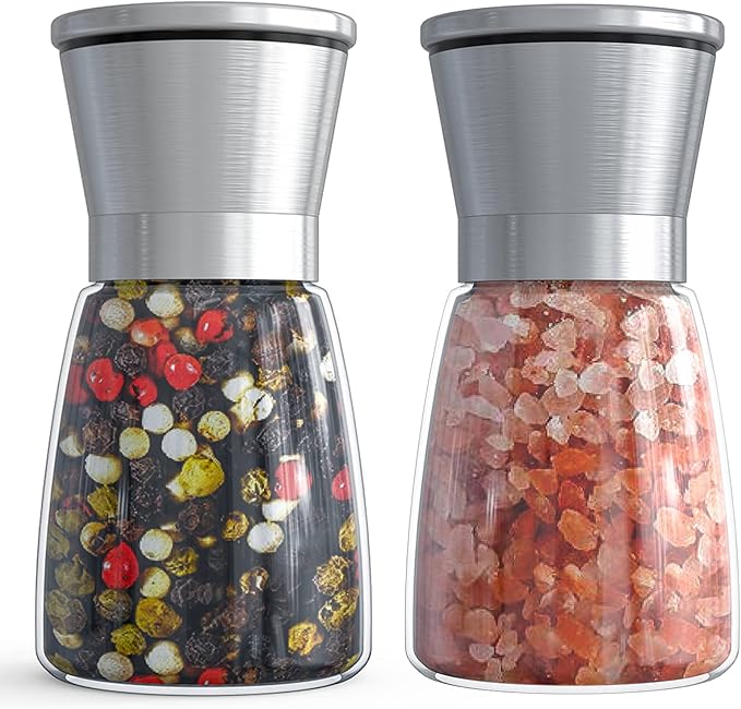 Ebaco Salt and Pepper Grinder Set - Refillable Grinder Adjustable Coarseness of Pepper Salt Spice Stainless Steel Mills Glass 6oz（2 Pack）
