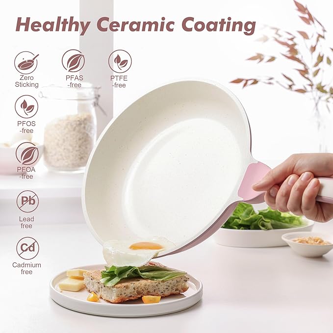 SENSARTE Nonstick Ceramic Frying Pan 9.5-Inch, Healthy Non Toxic Skillet, Induction Compatible Omelet Pan with Heat Resistant Handle, PFAS-Free, Pink