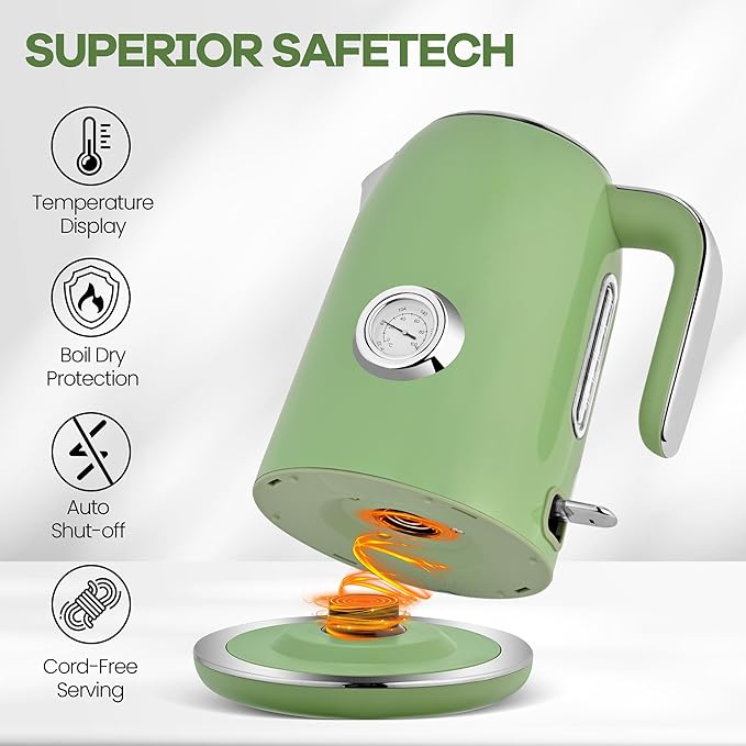Pukomc Electric Kettle,1.7L Stainless Steel Electric tea kettle with Temperature Gauge, Fast Boiling, Auto Shut - off, BPA - Free, Boil - Dry Protection, (Retro Green)