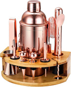 Cocktail Shaker Set Bartender Kit with Stand, 12 Piece Bar Set Drink Mixer Set with Stainless Steel Bar Accessories Tools: 25oz Martini Shaker Jigger Strainer Spoon Muddler for Cocktails (Rose Gold)