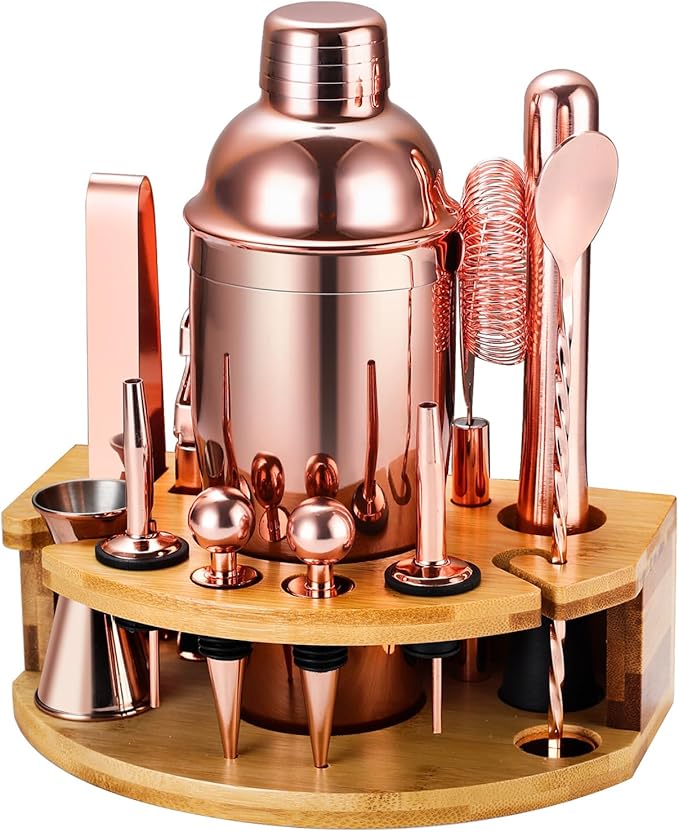 Cocktail Shaker Set Bartender Kit with Stand, 12 Piece Bar Set Drink Mixer Set with Stainless Steel Bar Accessories Tools: 25oz Martini Shaker Jigger Strainer Spoon Muddler for Cocktails (Rose Gold)