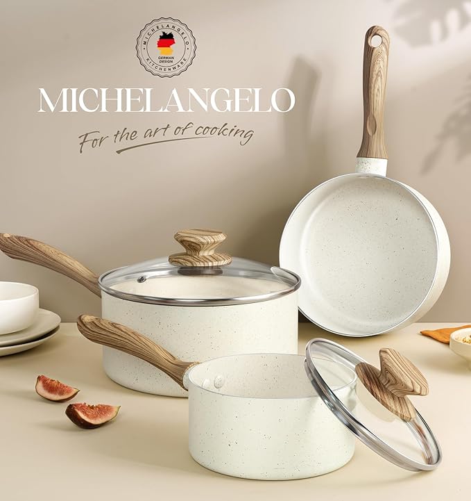 MICHELANGELO 3 Quart Saucepan with Lid, Nonstick Sauce Pan, Small Sauce Pot with Granite Coatings, Bakelite Handle, Dishwasher-Safe, White