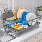 Urackify Dish Drying Rack for Kitchen Counter, Sink Dish Rack with Drainboard, Large Dish Drainer with Cups Holder, Home Countertop Plate Dryer Storage Rack with Cutlery Holder, Gray