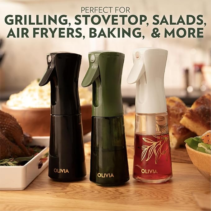 FLAIROSOL OLIVIA SIGNATURE Advanced Kitchen Oil Sprayer Technology, Fine Mist & Portion Control, Refillable Glass Olive Oil Cooking Spray Bottle for Air Fryer, Salad, BBQ, 2 Pack 200ml (White)