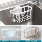 TAILI Sponge Holder for Kitchen Sink with Strong Suction Cup, Rustproof Aluminum Sink Caddy for Sponges, Brushes, Stoppers & Scrapers, White