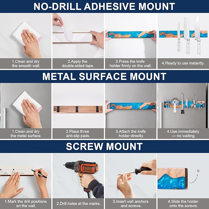 ENOKING Magnetic Knife Holder for Wall 16 Inch, Acacia Burl Wood & Blue Resin Magnetic Knife Strip Bar, Powerful Magnet Kitchen Knife Storage Rack, Space-Saving Wall Mounted Organizer