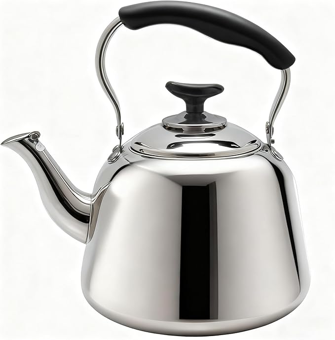Lily's Home Whistling Tea Kettle for Stovetop, 2 Quart Stainless Steel Water Kettle with Loud Whistle, Cool-Touch Handle & Induction Compatible Base - For Gas, Electric, & Induction Cooktops