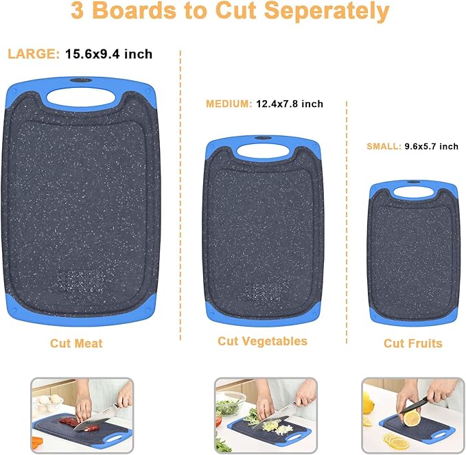 Plastic Cutting Board, 3 Pieces Dishwasher Safe Cutting Boards with Juice Grooves, Easy Grip Handle, Non-Slip, with Grinding Area for Grinding Garlic and Ginger（blue）