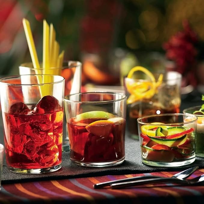 Bormioli Rocco Bodega Mini Tumblers, Set of 6-7.5 Oz Clear Tempered Glass Cups for Water, Wine, Juice & Cocktails - Stackable Small Drinking Glassware for Kitchen & Bar Use
