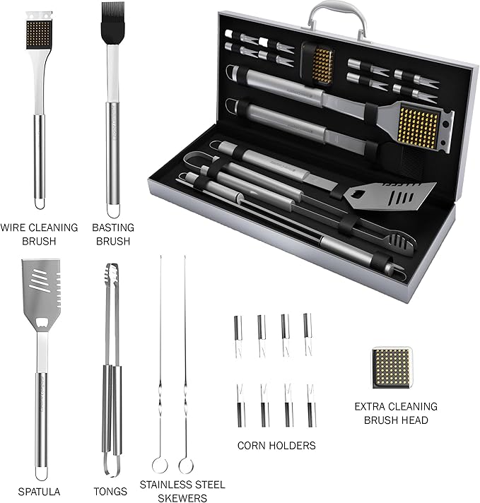 Home-Complete 18-piece BBQ Grill Set, 16-pc Stainless Steel Barbecue Tools Kit with Aluminum Case and 2-pack BBQ Grill Mats