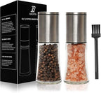 Salt and Pepper Grinder Set of 2 - Adjustable Sea Salt Grinder, Pepper Mill Grinder, Salt and Pepper Shakers - Small Salt and Pepper Grinder Set with Stainless Steel Cap and Glass Container