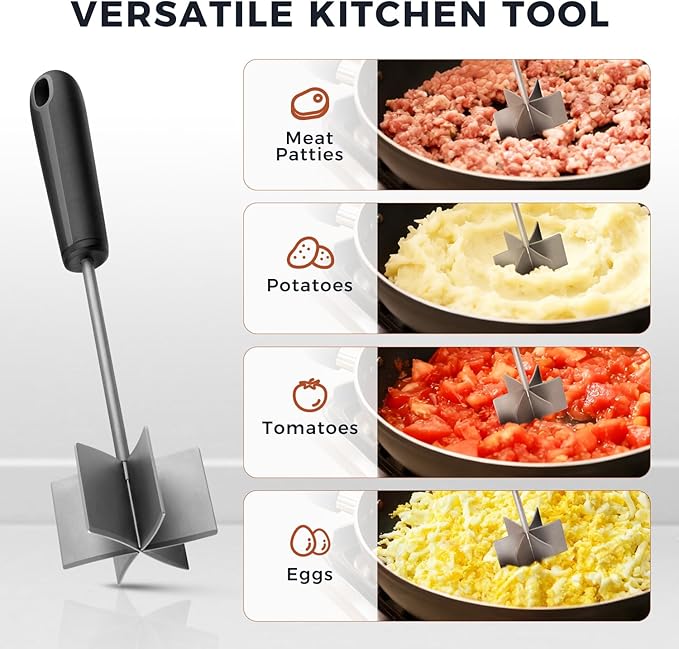 304 Stainless Steel Meat Chopper & Masher, Coinicxcel 10 Inch Heat Resistant Ground Beef Chopper Tool with 6 Curve Blades & Ergonomic Non-Slip Handle, Heavy-Duty Hamburger Smasher Tool Dishwasher Safe