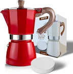 AGOGO Milano Moka Pot Stovetop Espresso Maker with 100 Paper Filters for Sediment-Free Coffee, Classic Italian Greca with Wood-Grain Handle,Cleaning Brush & Towel 6 Cup (10oz / 300ml) Red