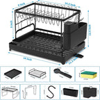 XLMYS Dish Drying Rack, 2 Tier Large Dish Drying Rack for Kitchen Counter with Drainboard Stainless Steel Dish Drainer for Dish/Knifes/Cup/Cutting Board, Black